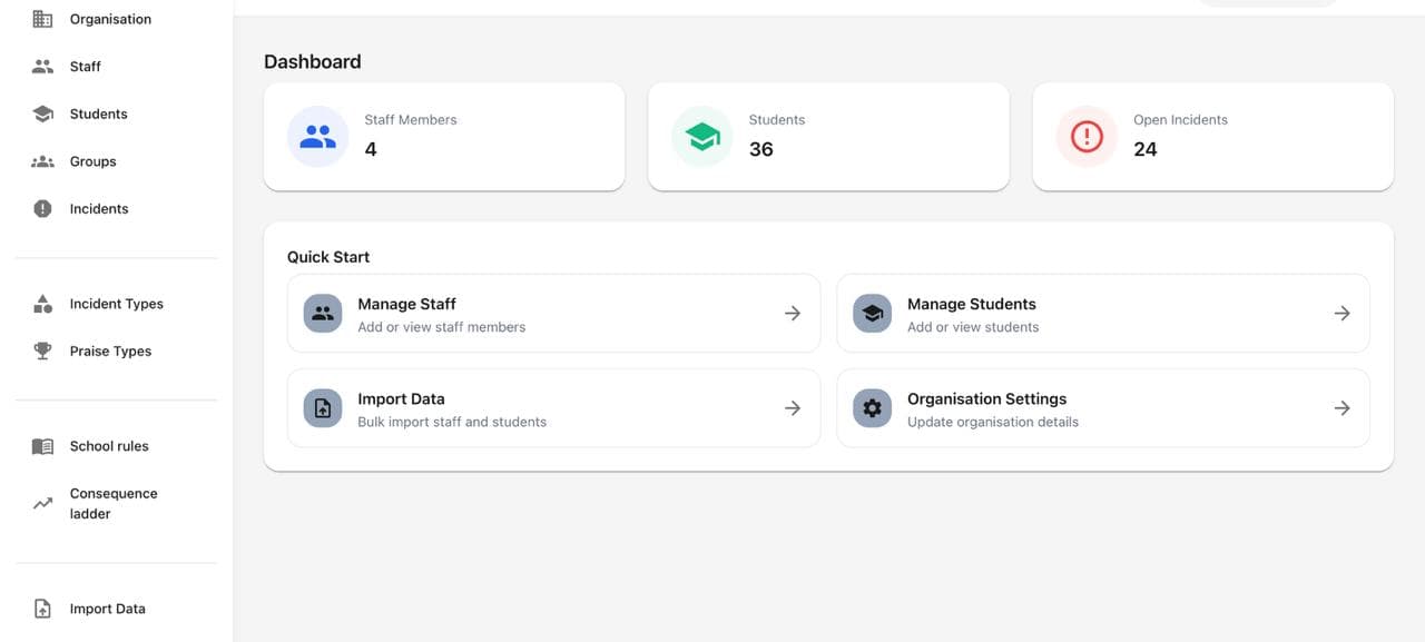 Haven web admin dashboard for schools showing staff management, student overview with 36 enrolled students, 24 open incidents, and quick start options for importing data and organization settings